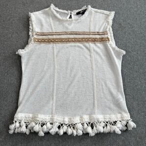 Fair Child Boho Ivory Knit Sleeveless Tank Top Fringe Hem Size Large Pom Pom